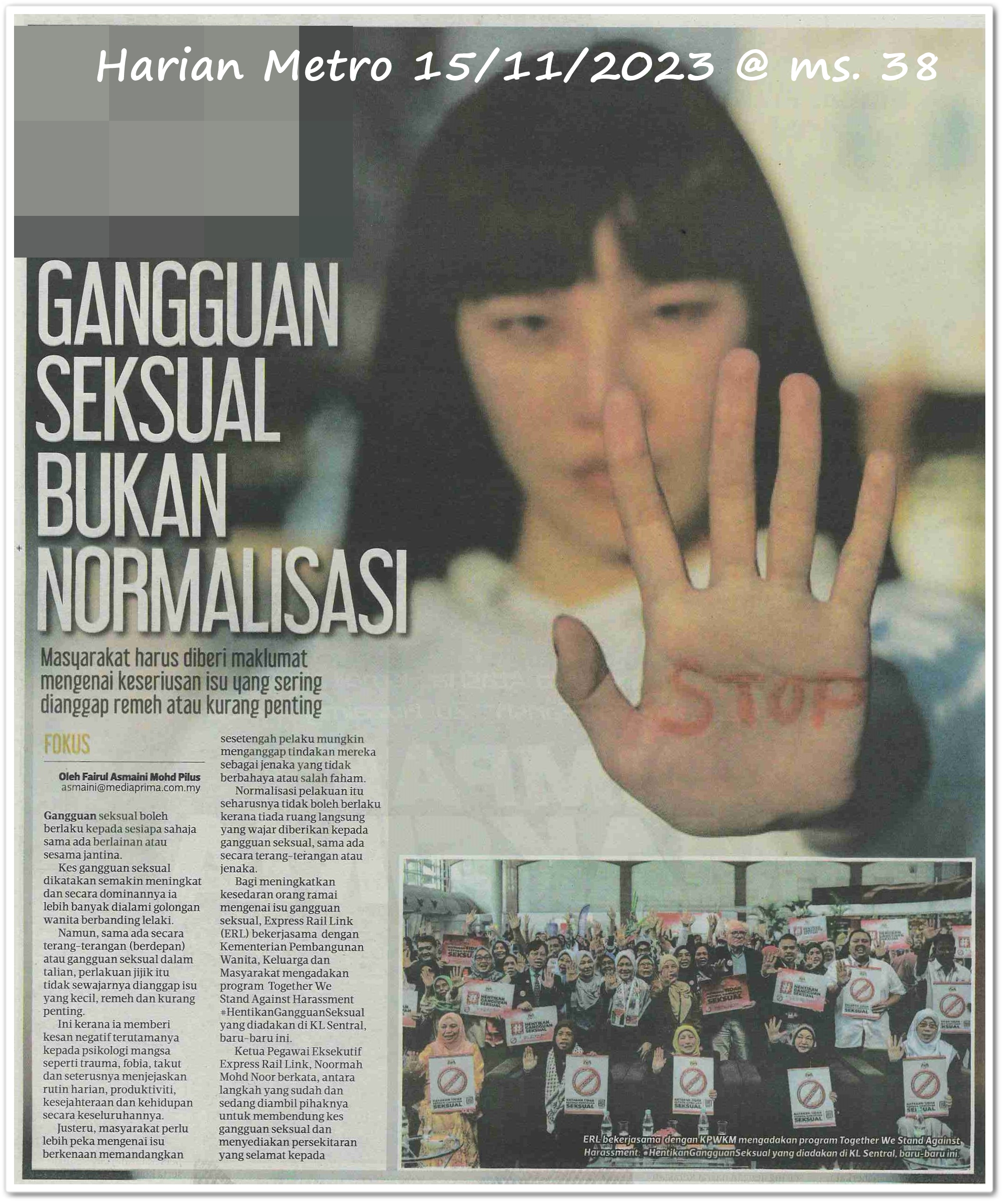 Gangguan seksual bukan normalisasi - Keratan akhbar Harian Metro 15 November 2023