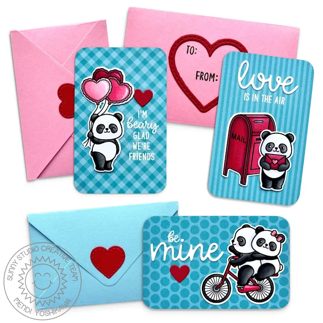 Sunny Studio Panda Kids Classroom Valentine's Day Cards using Bighearted Bears Clear Stamps & Gift Card Envelope Cutting Die