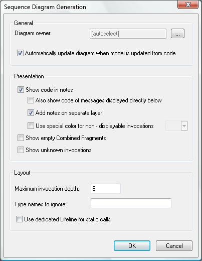 Altova UModel Sequence Diagram Generation dialog