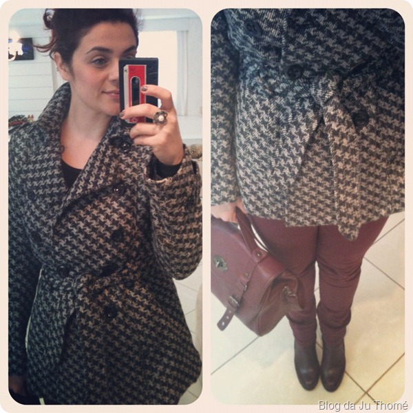 look casaco lã calça colorida burgundy bota e bolsa renner