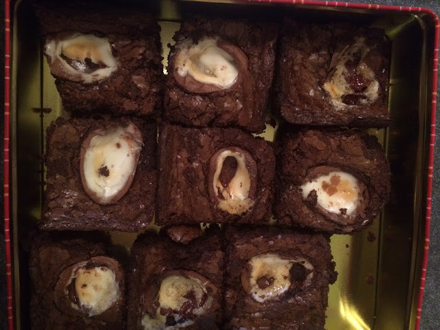 Finished Creme Egg Brownies in their tin