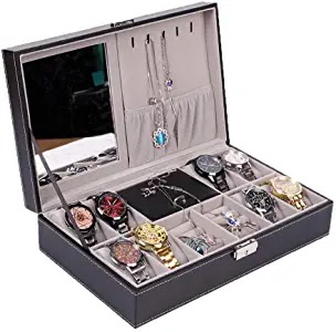 TXT&BAZ Jewelry Organizer,Watch Box,PU Leather Case Organizer for Earring Ring Necklace Bracelet,Black