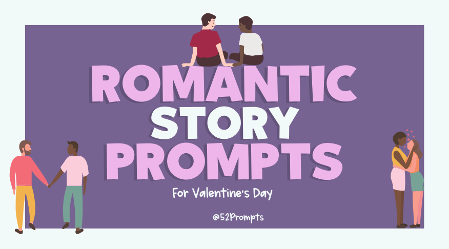 An illustrated purple and white graphic that reads romantic story prompts for valentine's day