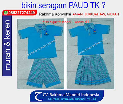 baju tk, seragam tk, pakaian sekolah tk, setelan baju tk, laki laki perempuan, warna biru turkis kombinasi kotak biru abu abu model pendek