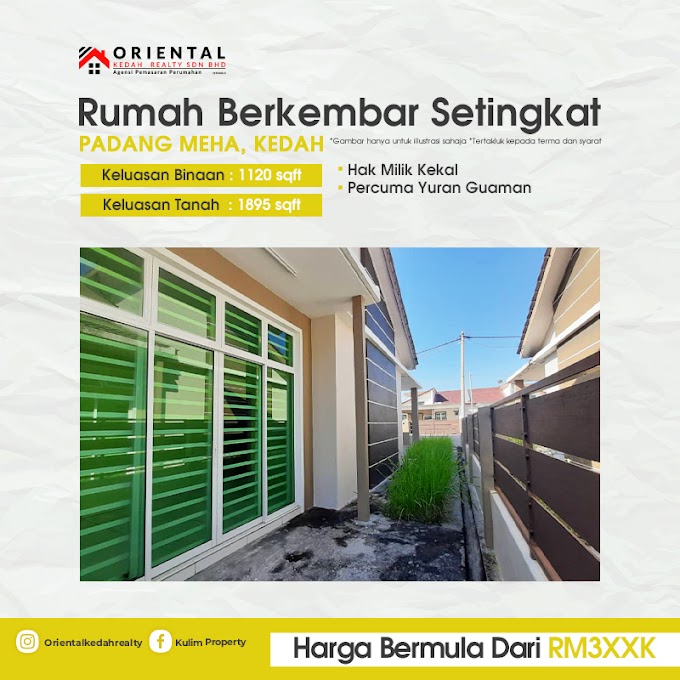 𝐏𝐫𝐨𝐦𝐨𝐬𝐢 𝐛𝐞𝐬𝐚𝐫-𝐛𝐞𝐬𝐚𝐫𝐚𝐧‼ Miliki Rumah Berkembar 1 Tingkat di Padang Meha, Kedah.Peluang terbaik untuk anda yang masih mencari rumah idaman, dimana anda berpeluang untuk memiliki rumah 𝐓𝐚𝐧𝐩𝐚 𝐒𝐞𝐛𝐚𝐫𝐚𝐧𝐠 𝐃𝐞𝐩𝐨𝐬𝐢𝐭.