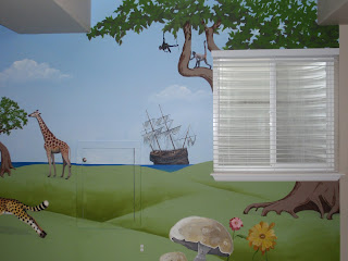 Children's Playroom Cheetah, Giraffe, Tree, Prate Ship, Flowers, Monkeys