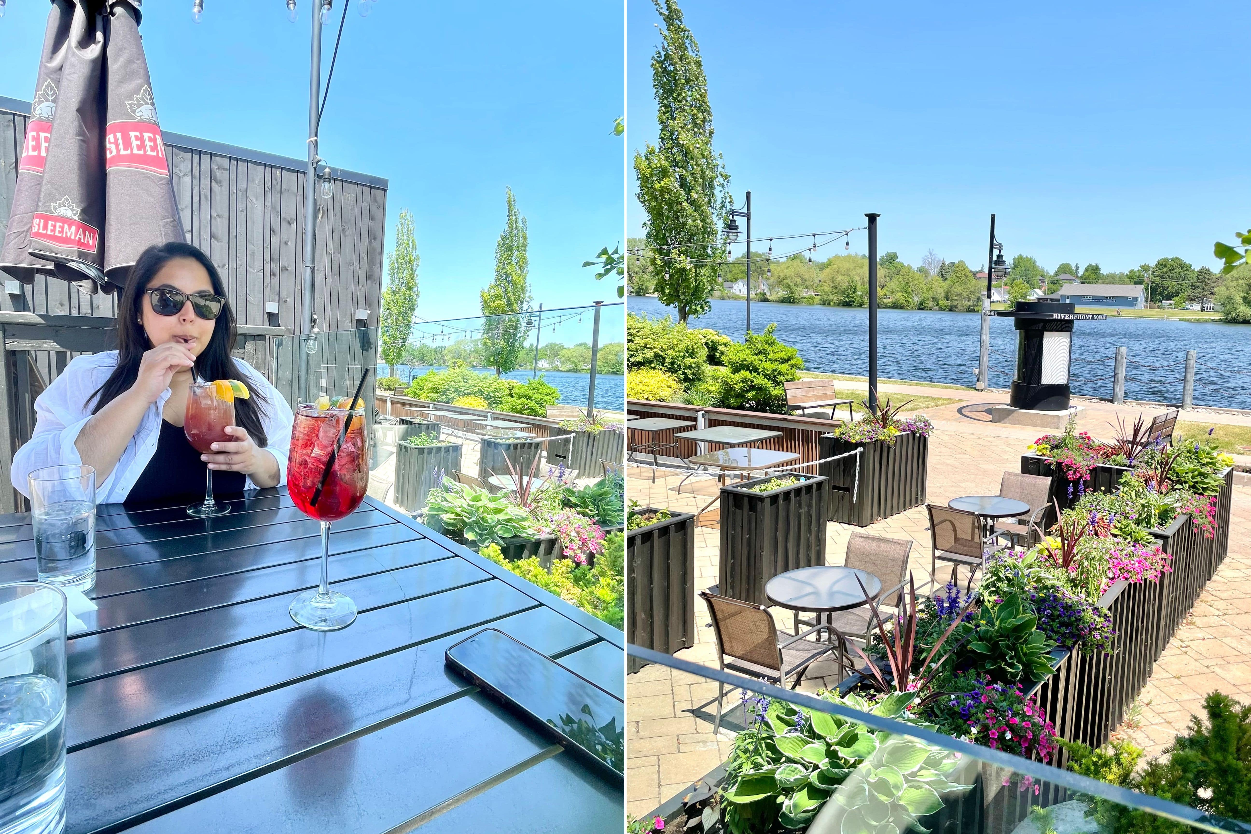 Young female sipping on sangria with waterfront view of the Trent River in Quinte West Ontario.