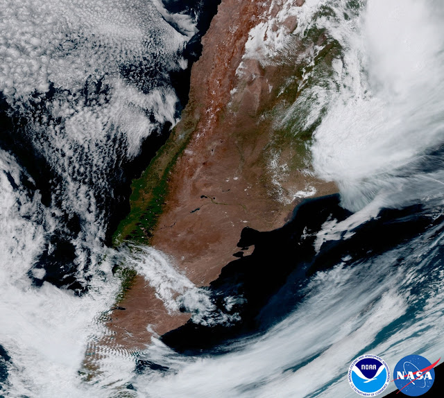 Cận cảnh quốc gia Argentina và khu vực Nam Mỹ qua hình ảnh của vệ tinh GOES-16. Hình ảnh: NOAA/NASA.