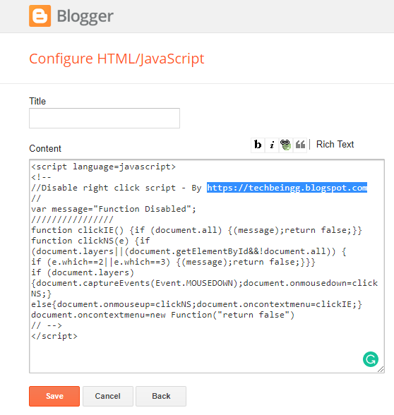 Disable Right Click On Blogger Blog