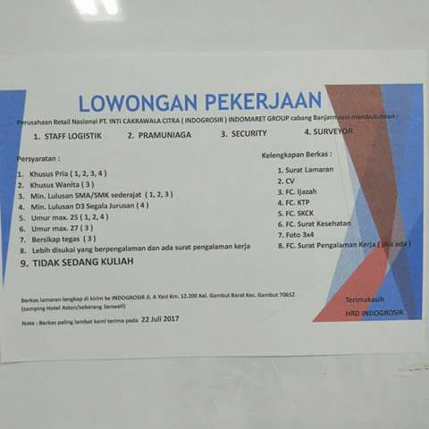 Info Lowongan Kerja Pt. Inti Cakrawala Citra (Indogrosir 