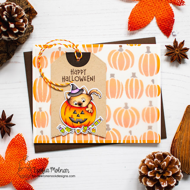 Halloween Kitten Card by Zsofia Molnar | Trick or Treat Kittens Stamp Set, Fancy Edges Tag Die Set, and Jack-o'-lantern Stencil Set by Newton's Nook Designs #newtonsnook #handmade