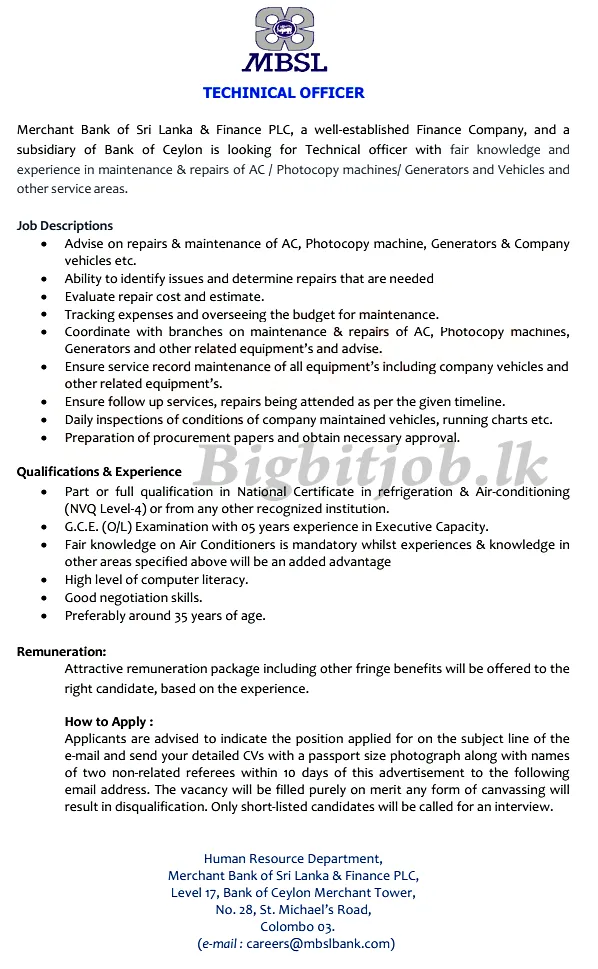 MBSL Bank Job Vacancies - Technical Officer 2023, bigbitjob, big bit job lk, sri lanka job vacancies 2023
