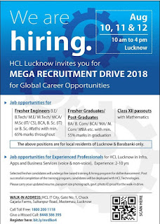 MEGA Recruitment Drive 2018 200 Jobs in HCL, Lucknow Barabanki