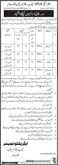 Irrigation Department Sindh Jobs Tubewell Division Tando Jam Latest 2019