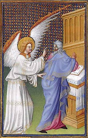 O arcanjo São Gabriel apareceu a São Zacarias e lhe anunciou que sua mulher Sara tinha concebido Très Riches Heures du duc de Berry, Musée Condé, Chantilly, século XV