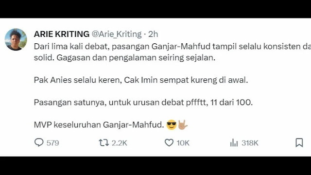 Arie Kriting Beri Nilai Prabowo 11 dari 100 dalam Debat Capres Terakhir, Bandingkan dengan Penampilan Anies dan Ganjar..  