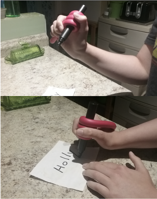 Two photos of industrial Twist-tie wrapped around marker and person writing