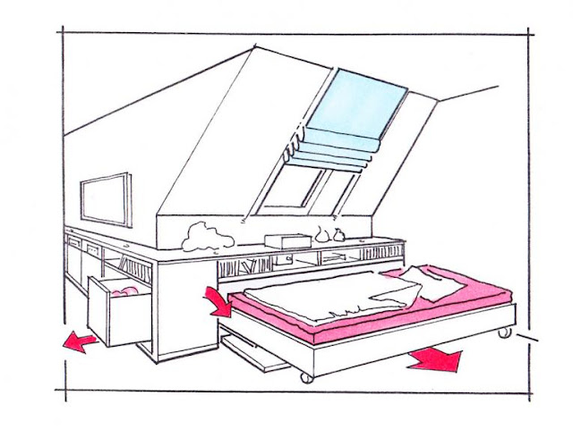 The typical attics reverse side of the slope is used as a parking lot for a pull-out sleep