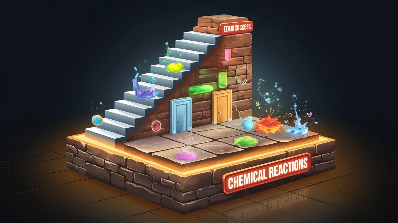 A glowing foundation labeled "Chemical Reactions" with a staircase leading to "Exam Success," surrounded by colorful chemical reactions happening on the block, and a dark backdrop.