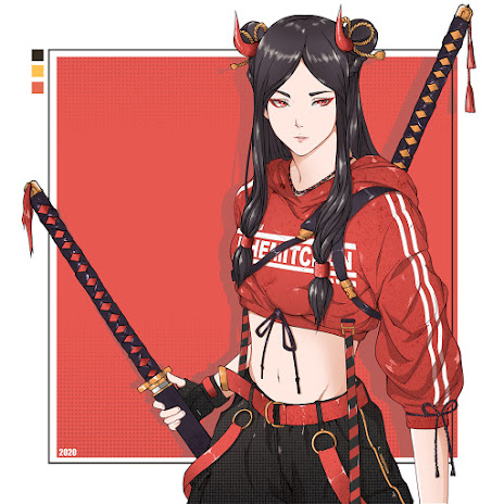 guerreira moderna, com roupas de skatista, armada com par de espadas japonesas, representa o mestre do Iaijutsu.