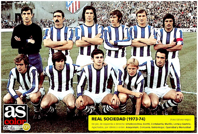 REAL SOCIEDAD DE FÚTBOL DE SAN SEBASTIÁN. Temporada 1973-74. Urruticoechea, Gorriti, Cortabarría, Murillo, Lerma y Gaztelu; Araquistain, Corcuera, Satrústegui, Oyarzábal y Muruzábal. ATLÉTICO DE MADRID 5 (Rubén Ayala 2, Gárate, Capón y Heredia), REAL SOCIEDAD 1 (Muruzábal) - 28/10/1973 - Liga de 1ª División, jornada 8 - Madrid, estadio Vicente Calderón - La Real fue 4ª en la Liga, con Rafa Iriondo de entrenador