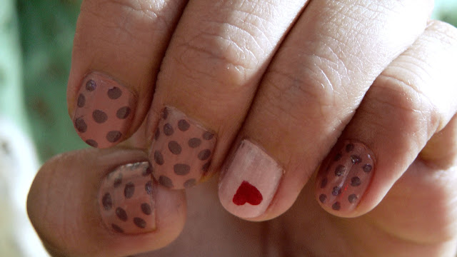 Heart Polka Dot Pink Brown Valentines Nail Art Tutorial  Etude House Nail Polish in PK014, Etude House DBR402 Crown Brown Polish,  L'OREAL Nail Color Vernis a Ongles in 203 Till the Sun Comes Up and Essie Nail Polish in Red Nouveau