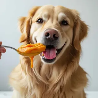 happy Golden retriever eating a spoonful of pumpkin puree