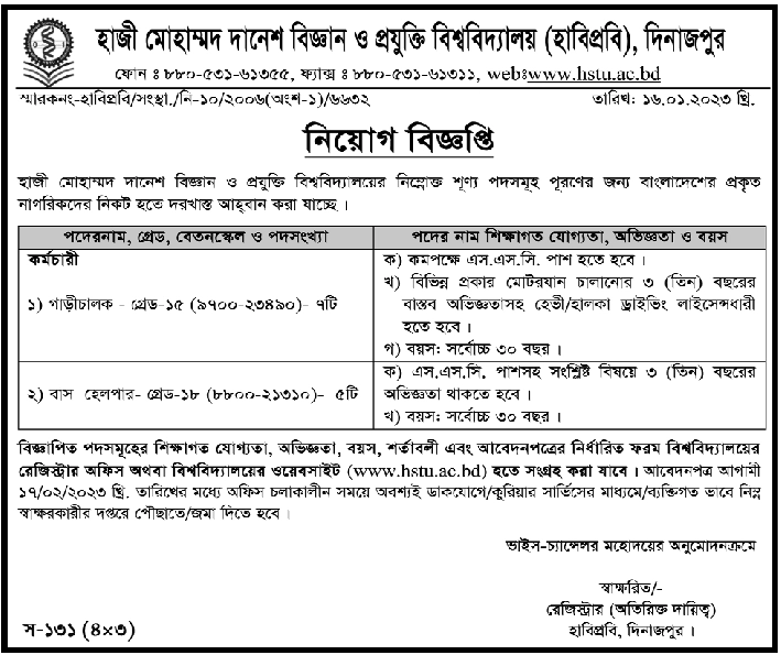 Hajee Mohammad Danesh Science & Technology University HSTU Job Circular 2023 - হাজী মোহাম্মদ দানেশ বিজ্ঞান ও প্রযুক্তি বিশ্ববিদ্যালয় নিয়োগ বিজ্ঞপ্তি ২০২৩ - বিশ্ববিদ্যালয় নিয়োগ বিজ্ঞপ্তি ২০২৩