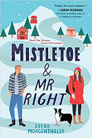 Book cover for Mistletoe and Mr Right: cartoony snow mountain peak with hero on left side and heroine in red parka with black and white dog on the right.