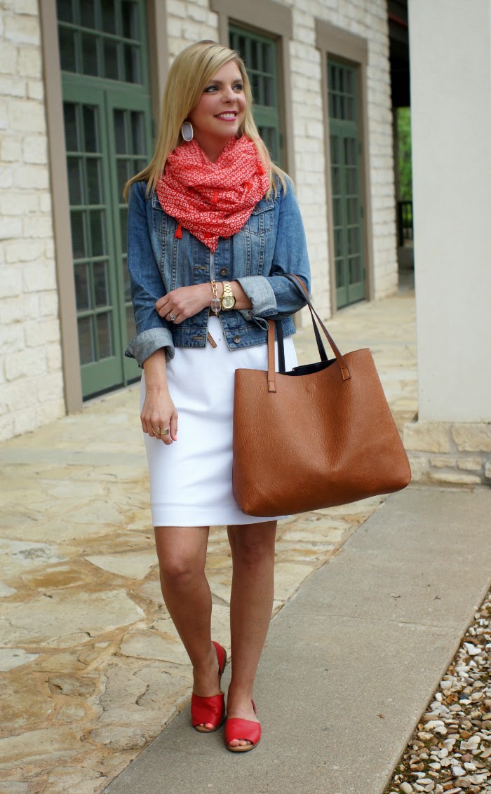 weekend outfit idea with denim jacket and white dress