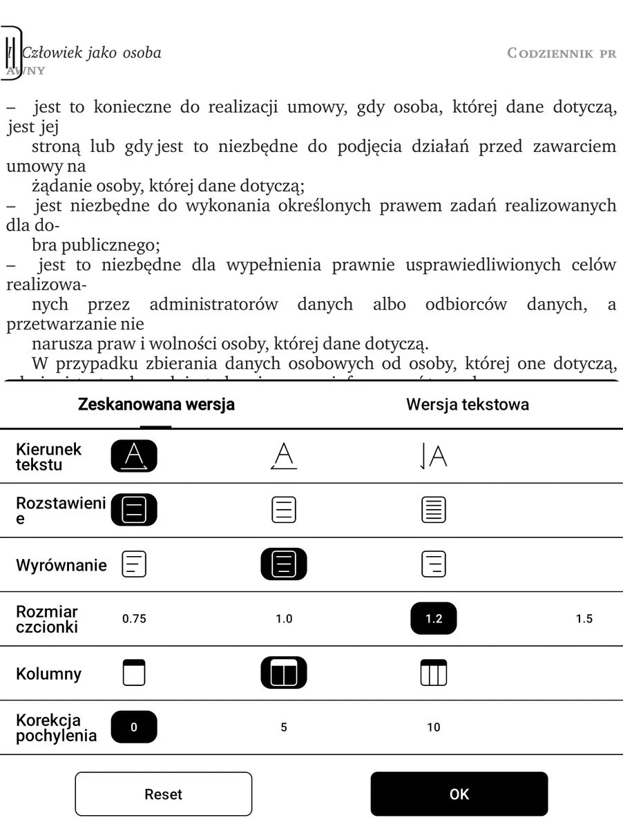 Onyx Boox Page – strona pliku PDF w trybie reflow z wybranym ustawieniem dwóch kolumn