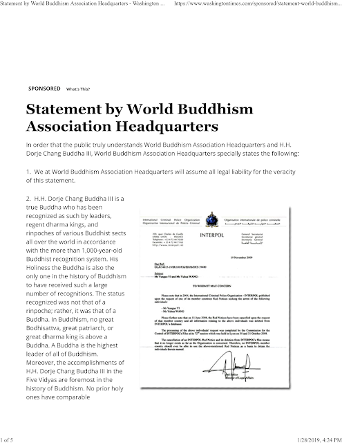 Washington Times--Statement by World Buddhism Association Headquarters (1-28-2019) 華盛頓時報--世界佛教總部聲明