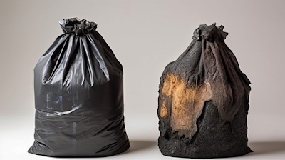 image of two garbage bags side by side, one biodegradable and the other compostable.