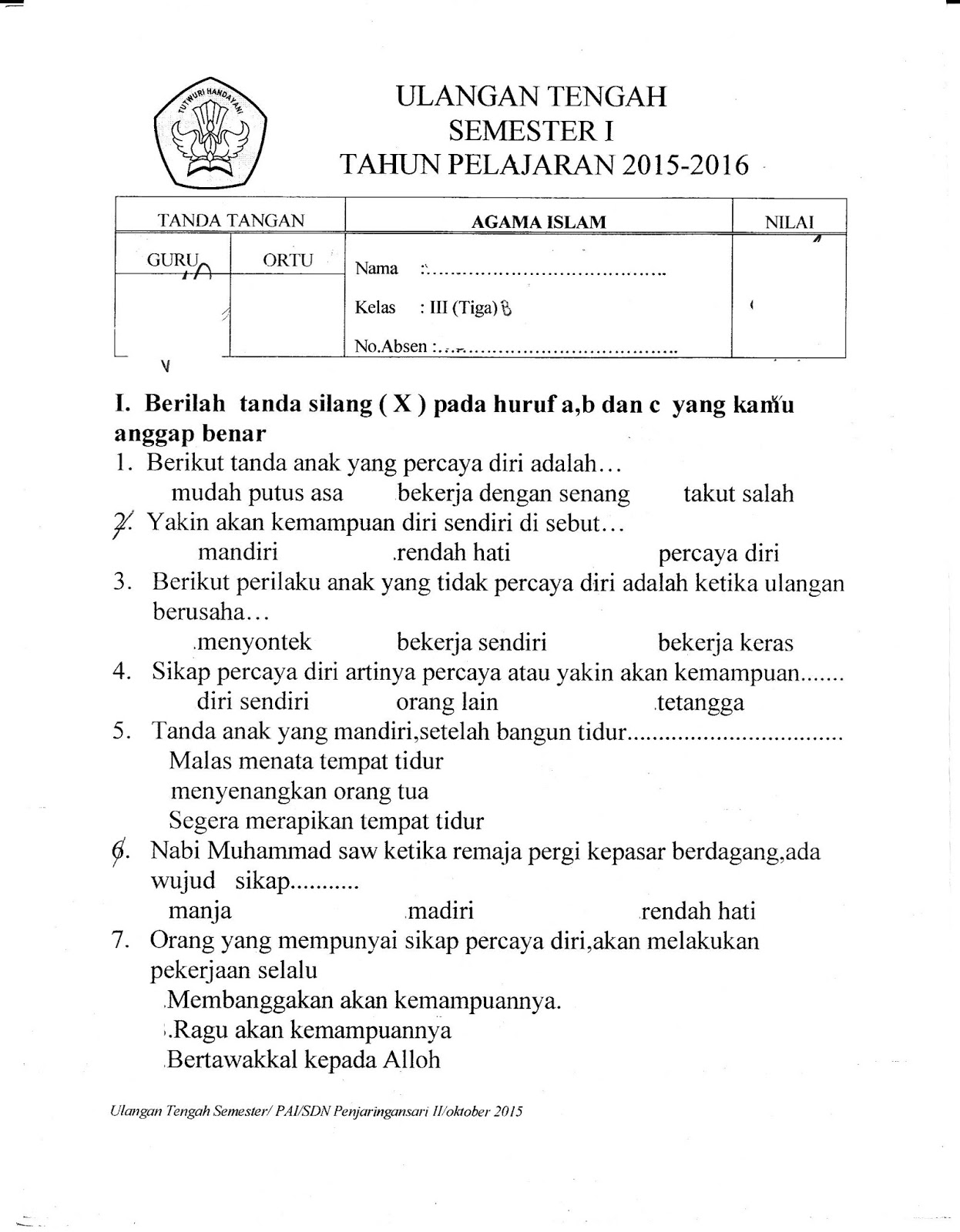 UTS AgamaIslam Kelas3 SD Semester Gasal TA 2015 2016