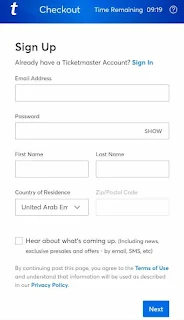 صفحة إنشاء حساب جديد على Ticketmaster.