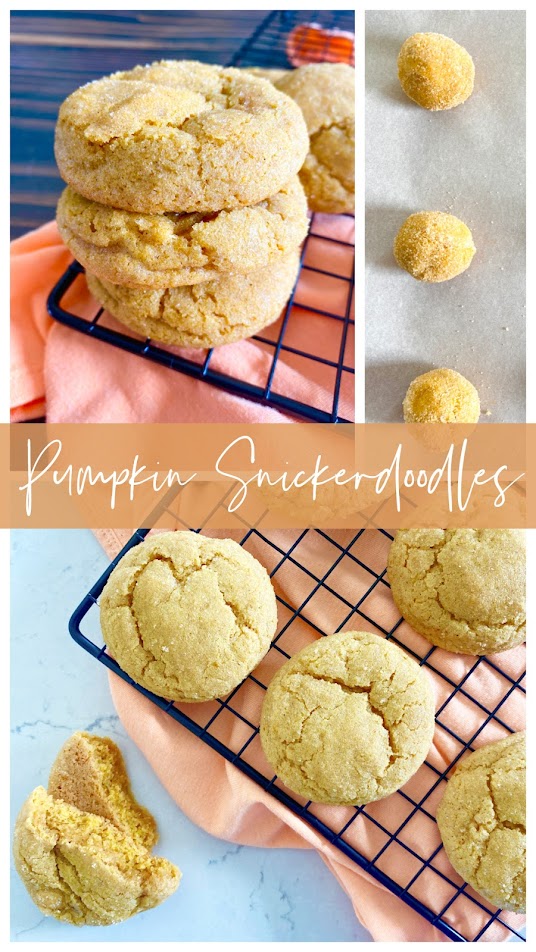 Collage of hand holding a cookie, cookie dough on a baking sheet and pumpkin cookies on a cooling rack with pumpkin pie spice.