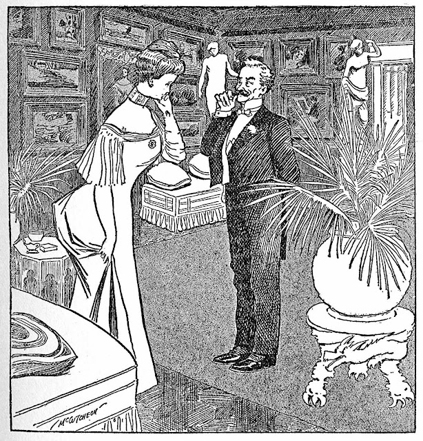 a John P. McCutcheon cartoon 1907, of a man attempting to seduce a woman by twirling his mustache