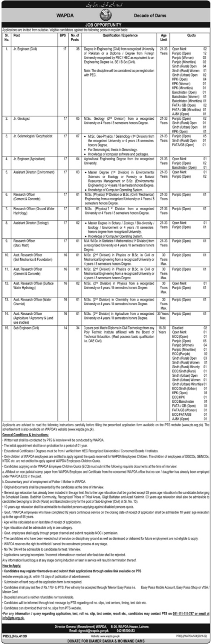 Latest Water and Power Development Authority WAPDA Management Posts Lahore 2022