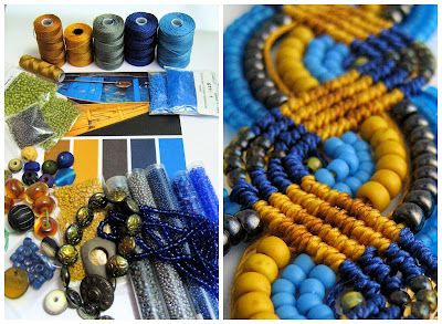Blue and gold color palette and beaded micro macrame.