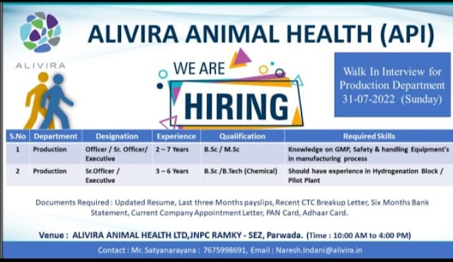 Alvira animal health | Walk-in interview at Visakhapatnam for Production on 31st July 2022