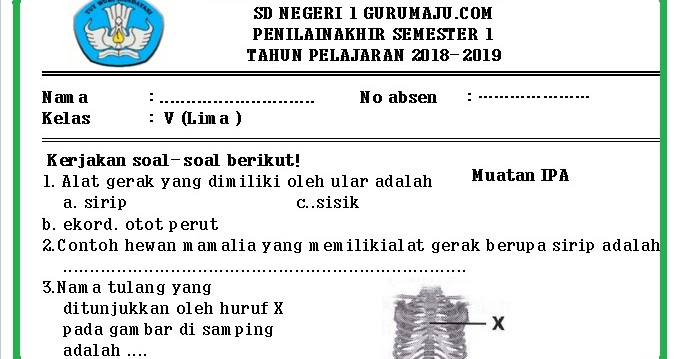 Soal UAS PAS Kelas 5 Semester 1 K13 Revisi Tahun 2018 2019 GURU MAJU