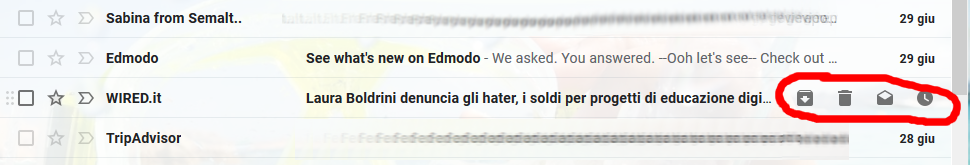 Passaggio del mouse sui messaggi Gmail
