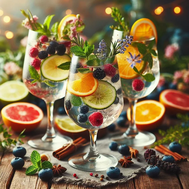Fancy glasses of water with fruit and herbs