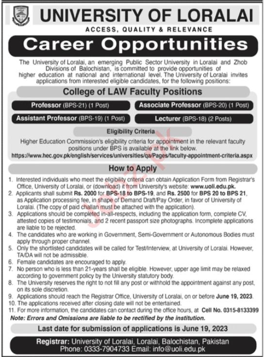 University of Loralai Education Jobs In Loralai 2023