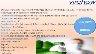 Job Vacancy For B.Sc, M.Sc All Stream and B.Tech or M.Tech Biotech in Virchow Biotech Pvt Ltd Hyderabad.