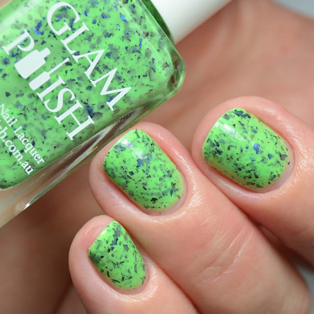 green nail polish with multichrome flakies swatch