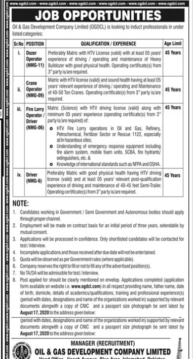 Latest Jobs in Oil & Gas Development Company Limited (OGDCL) 2020