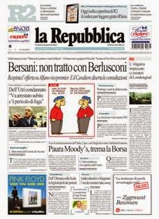 La Repubblica del 26 Marzo 2013 | ISSN 0390-1076 | TRUE PDF | Quotidiano | Cronaca | Politica
La Repubblica è un quotidiano italiano, con sede a Roma, appartenente al Gruppo Editoriale L'Espresso.
È il secondo quotidiano d'Italia per diffusione, dopo il Corriere della Sera di Milano.
È primo nelle statistiche sul lettorato, con una quota stimata di 3 milioni e 523.000 lettori.