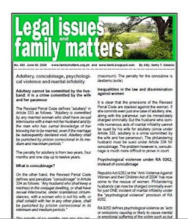 Free PDF newsletter on adultery, concubinage, marital infidelity and psychological violence under RA 9262