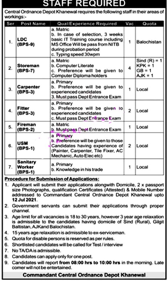 Latest Jobs in Pakistan Army Central Ordnance Depot COD 2021